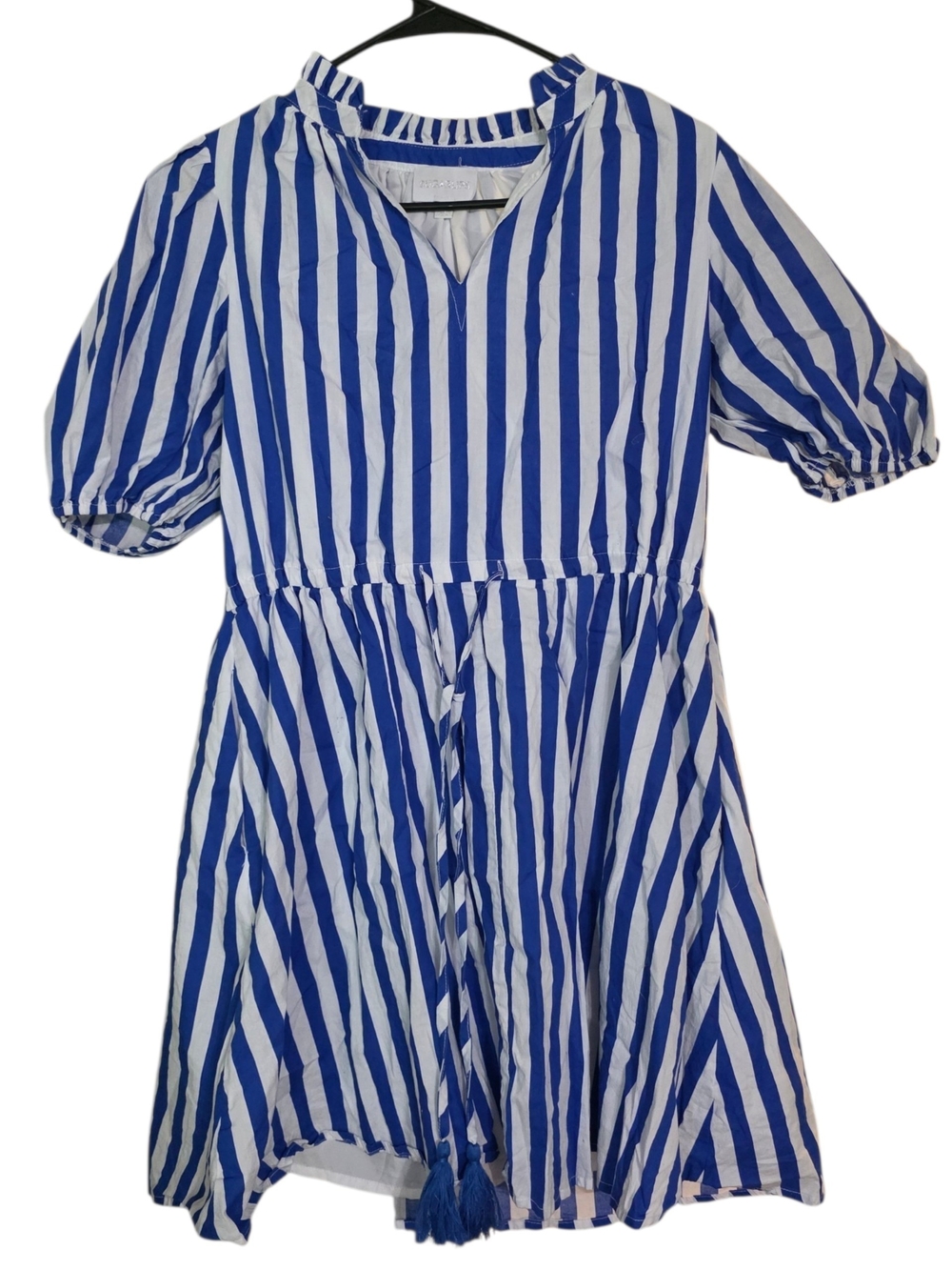 Sugarlips Blue and White Striped V-Neck Tassel Dress